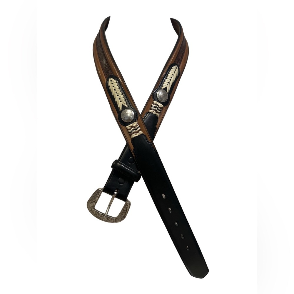 Nocona Belt Co. Men’s Western Black/Brown Leather Belt with Silver Buckle - Picture 2 of 7
